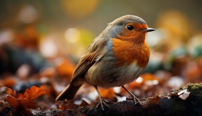 Sticker -  a close up of a small bird on a bed of leaves with a blurry back ground in the background.