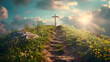Path with stairs leading to Christian cross on hill. Happy Easter. Christian symbol of faith.