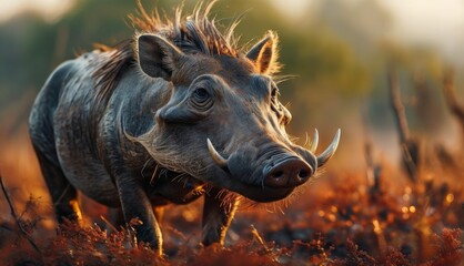 Sticker -  a close up of a wild boar in a field of grass with trees in the back ground and a blurry sky in the background.