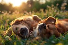 Perros Disfrutando Del Sol Mientras Juegan En La Hierba. Bonita Imagen De Respeto Por Los Animales, Perros Y Animales De Compañía.
