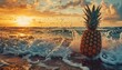  a pineapple sitting on top of a sandy beach next to the ocean with a sun setting in the background.