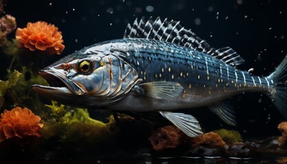 Sticker -  a close up of a fish on a body of water with flowers in the background and water droplets on the surface.