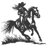 Fototapeta Konie - Silhouette cowgirl riding horses alone black color only
