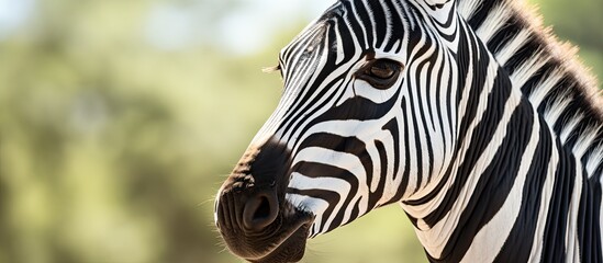 Canvas Print - A close up of a zebras head showcasing its striking white and black mane, alert eye, and powerful neck, set against a backdrop of lush green trees