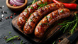Spiced gourmet sausages with herbs on wooden board. Shallow field of view.