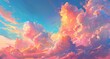 A painting depicting vibrant and colorful clouds filling the sky, creating a dynamic and striking visual display.