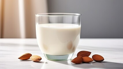 Almond milk in a glass with almonds on a light background.