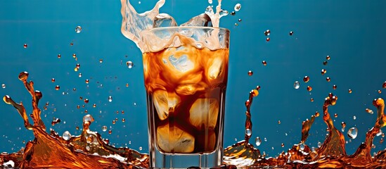 Wall Mural - An artistic representation of a glass of cola with ice cubes splashing on an electric blue background, symbolizing refreshment and entertainment