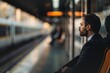man in suit on train sitting alone on the platform
