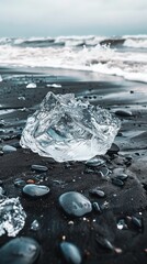 Wall Mural - Piece of ice melting against black beach