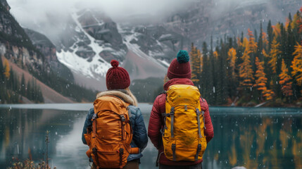 Two Hikers Admiring Mountain Lake