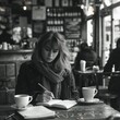 Intimate moment of a writer jotting down thoughts in a notebook, surrounded by the candid atmosphere of a bustling cafe