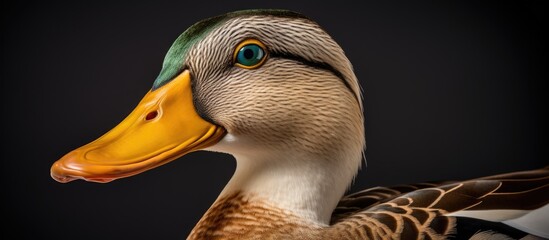 Wall Mural - A closeup of a duck, a waterfowl organism with a yellow beak, on a black background. Ducks, geese, and swans belong to the water bird category, known for their beak adaptation for feeding in water