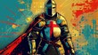 Crusader Knight in Pop Art style with colorful armor and medieval heroism stands bold and vibrant