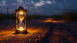 An hourglass lantern glows warmly on a sandy path under a twilight sky