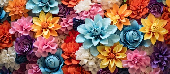 Poster - An artistic arrangement of colorful paper flowers, including pink and aqua petals, stacked on a table like a creative piece of art