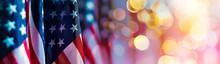 American Flags In A Row With A Bokeh Background, Symbolizing Patriotism And Celebration In A Vibrant Display