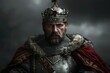 Richard Lionheart the English King in his historical medieval crown and armour with a red cape and beard