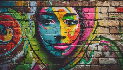 Wall Mural - Colorful graffiti on the brick wall as face