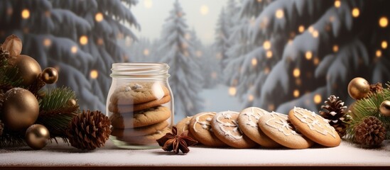 Poster - A wooden table topped with a jar of Christmas cookies made from a recipe passed down through generations, surrounded by conifer trees