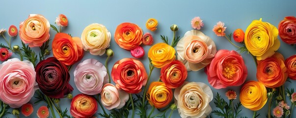 Canvas Print - Rainbow Ranunculus Floral Flat Lay Background