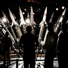 silhouette of missile prototypes on display at a weapons expo, with attendees examining the weaponry under harsh spotlights

