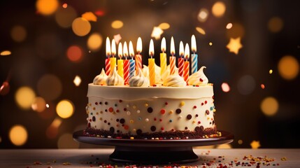 Happy birthday cake with candles and confetti.