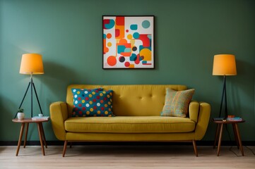 Wall Mural - Colorful accents and vibrant decor in a mid-century modern living room setup 