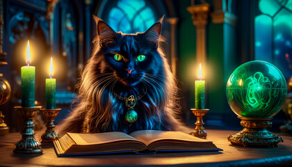 A magical black cat tells fortunes on a Magic Book from the wizard's room