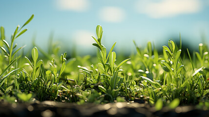 A natural and herbal green grass farm field,In the vibrant outdoors, rain nurtures environmental growth, making every leaf shine.