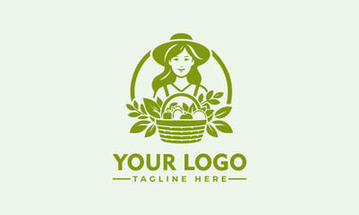 Wall Mural - simple Woman Farmer Logo, Nice woman with carrying a basket with fruits and vegetables
