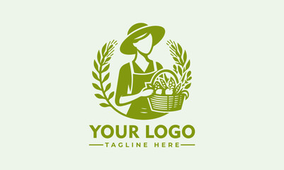 Wall Mural - simple Woman Farmer Logo, Nice woman with carrying a basket with fruits and vegetables