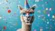 Festive Alpaca: A Hilarious Addition to Your Birthday or New Year's Eve Celebration - Party Hat, Sunglasses and Confetti!