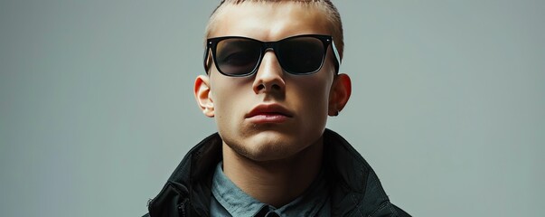 Wall Mural - Serious young man with trendy sunglasses looking at camera while standing on gray background in studio.