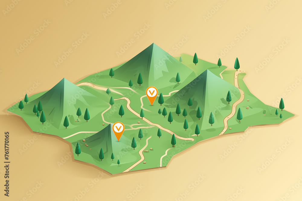 Stylized map featuring green mountains, winding trails, and trees. Two ...