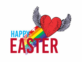 Wall Mural - Happy easter. T-shirt design with a red winged heart along with a rainbow and sans serif text. 