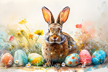 Wall Mural - Watercolor painting of a cheerful Easter bunny surrounded by flowers and eggs, perfect for holiday decoration