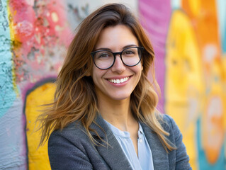 A young dynamic businesswoman smiling, lively and colorful backdrop 