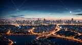 Fototapeta Sypialnia - Network connectivity lines glowing over twilight cityscape view 
