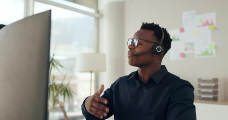 Poster - Call center, man and consultant with customer service for telemarketing, communication or hand gesture for assistance. African agent, employee or headset with microphone for advice or support at desk
