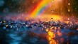 bright beams pass through a rain decomposing in millions rain drops