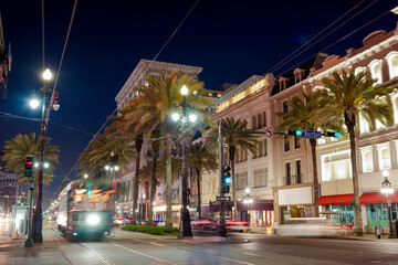 New Orleans trolley at french quarter main street at night