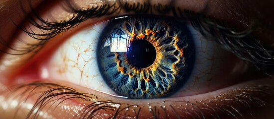 Poster - A closeup of a human body showcasing a brown eye with electric blue iris. The eyelashes frame the circle of art, creating a beautiful fashion accessory. Macro photography captures every detail