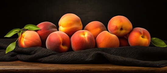 Canvas Print - A bunch of peaches, a superfood and staple food, displayed on a wooden table. This local produce is a delicious and natural fruit ingredient