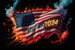 United States of America 2024 Presidential Election day.Background design template with burning usa flag and text 2024 election.Political election 2024 campaign background.