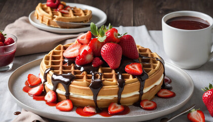 Wall Mural - chocolate and maple syrup fresh baked waffles morning breakfast with strawberries topping 