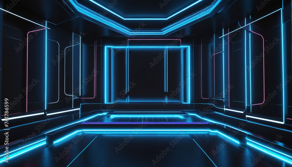 3d render. Abstract futuristic background with blue neon rays and ...