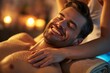 Young adult male finding tranquility and relaxation while enjoying a luxurious spa massage treatment with aromatherapy. Candles. And serene ambiance. Experiencing pampering. Self-care. And wellbeing
