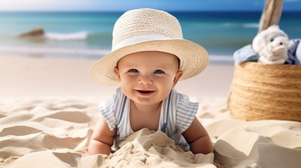 Against the backdrop of the endless ocean, a small child in a light hat smiles and looks at the camera on a sandy beach.