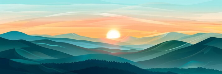 Wall Mural - Sunrise Landscape Flat Illustration, Color Dawn in Mountains, Sunset Sun Beams Landscape